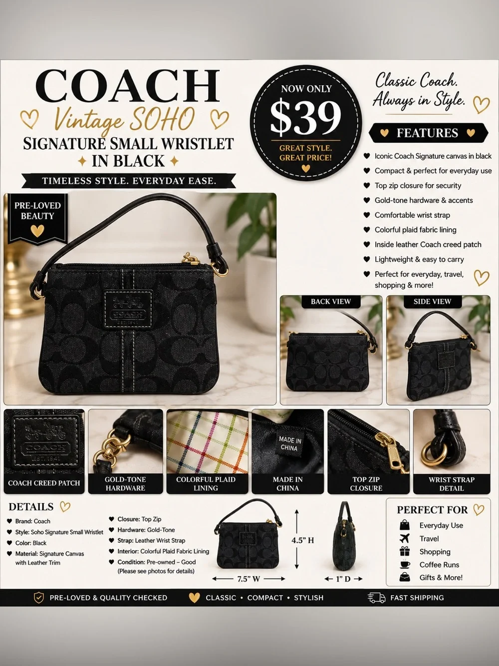 Coach Vintage Soho Signature Small Wristlet – Black